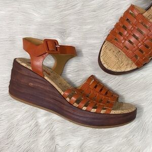 Kork-Ease Korks Orange Faux Leather Woven Open Toe Cork Wedge Marley Sandals 7